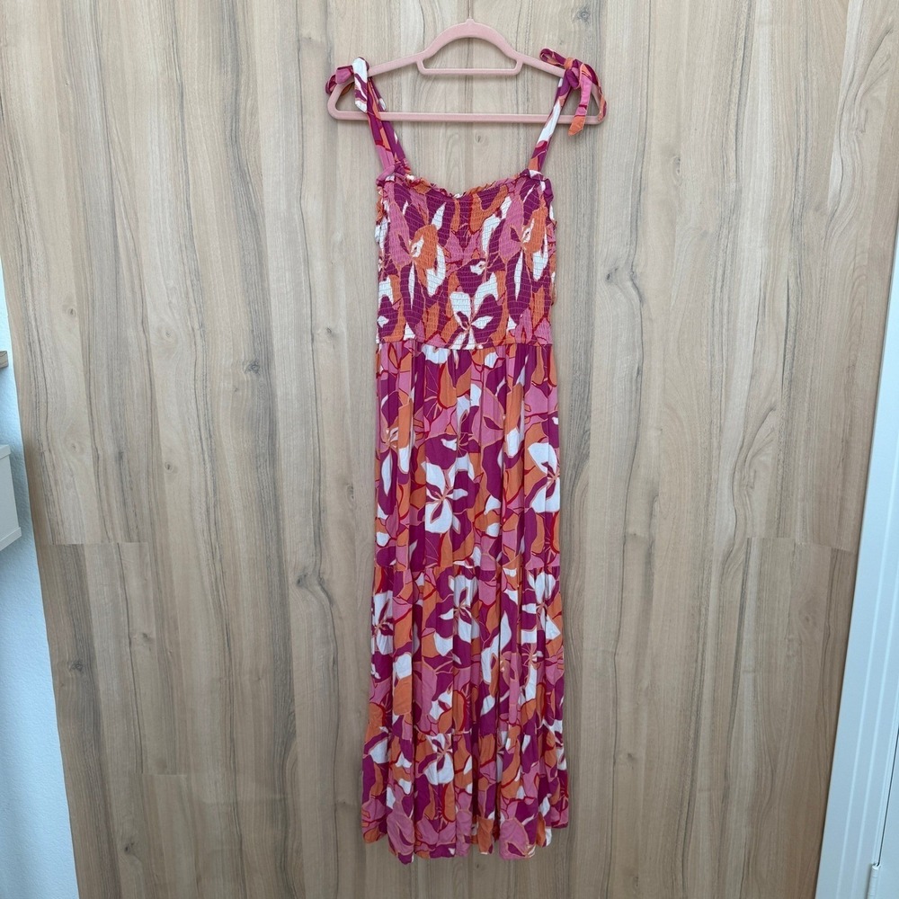 Floral Tiered Maxi Dress Size Large Pink Smocked Tie Shoulder Boho Resort Summer - Picture 2 of 7